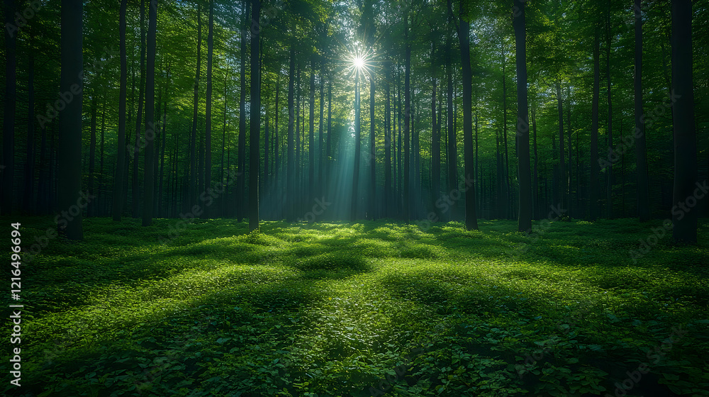 Obraz premium Sunbeams Illuminate Lush Green Forest Floor