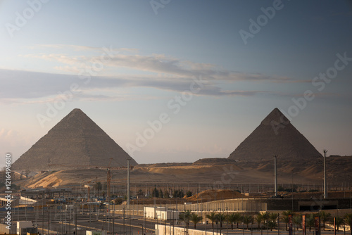 pyramid of Cheope and pyramid of Chefren at sunrise in Giza photo