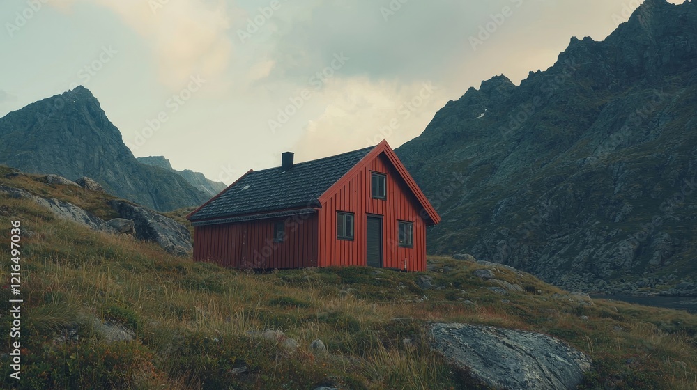 At the base of a big mountain, a small red house with a black roof is situated all by itself. At the base of a big mountain, a small red house with a black roof is situated all by itself.