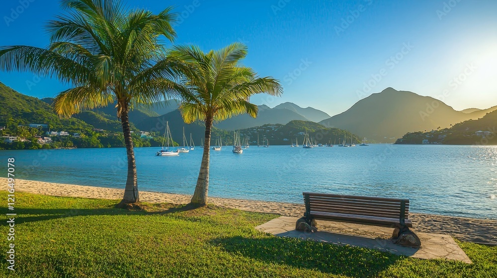 In the image, a beautiful palm tree towers over a grassy shore, facing a calm blue ocean with two sailboats far off, and a wooden bench sits prominently in the foreground. In the image, a beautiful palm tree towers over a grassy shore, facing a calm blue ocean with two sailboats far off, and a wooden bench sits prominently in the foreground.