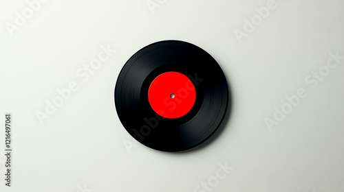 Vintage black vinyl record with a red label, isolated on a white background,