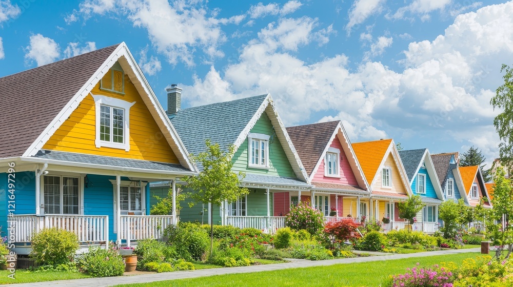 Brightly colored houses with white trim line up on a sunny day, set against a clear blue sky dotted with fluffy white clouds. Brightly colored houses with white trim line up on a sunny day, set against a clear blue sky dotted with fluffy white clouds.