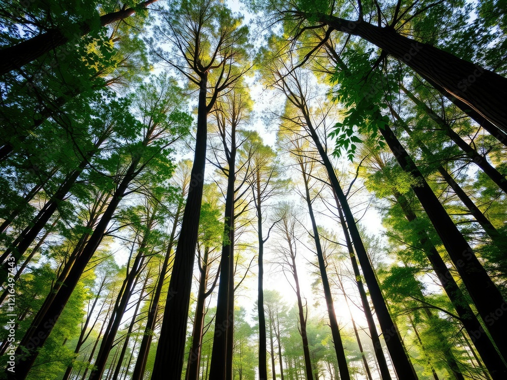 Naklejka premium A majestic forest with tall trees stretching towards the sky, their leaves rustling in the gentle breeze, sunlight filtering, serene atmosphere