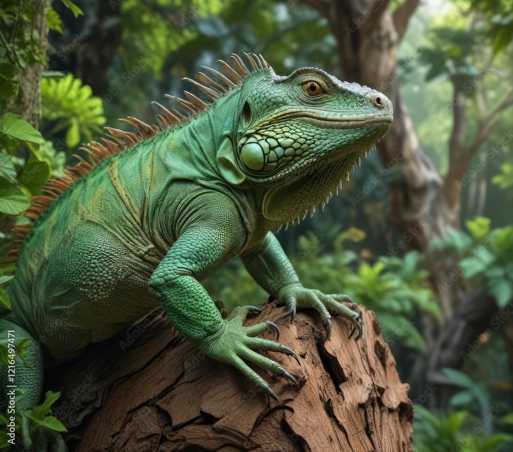 A majestic green iguana climbing up a vine-covered tree trunk, climbing behavior, lush vegetation, arboreal A majestic green iguana climbing up a vine-covered tree trunk, climbing behavior, lush vegetation, arboreal
