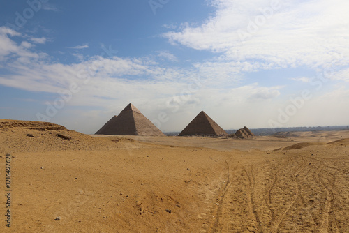 panoramic view of three pyramids of giza near el Cairo