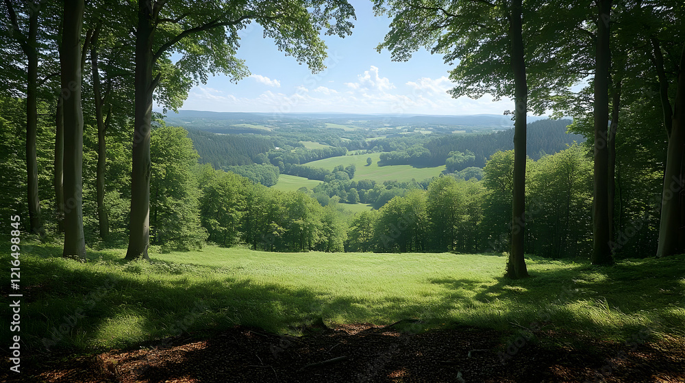 Obraz premium Serene Summer Landscape: Panoramic View of Rolling Green Hills and Lush Forest from an Elevated Point