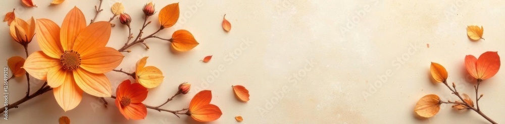 Fototapeta premium delicate petals in muted orange tones on beige canvas, dried blooms, floral wreath, fall theme