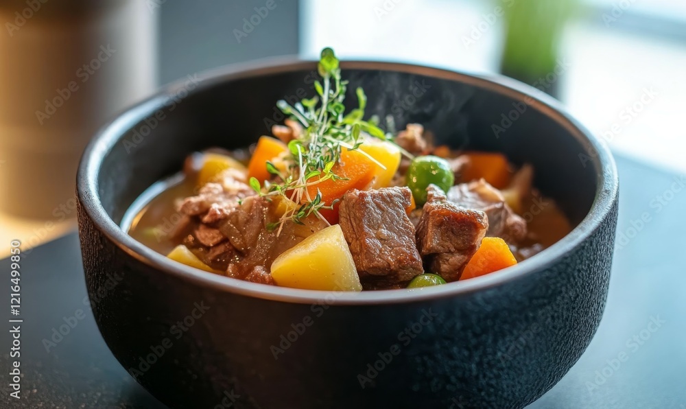 Delicious beef stew with vegetables served in a black bowl at a cozy kitchen setting Delicious beef stew with vegetables served in a black bowl at a cozy kitchen setting