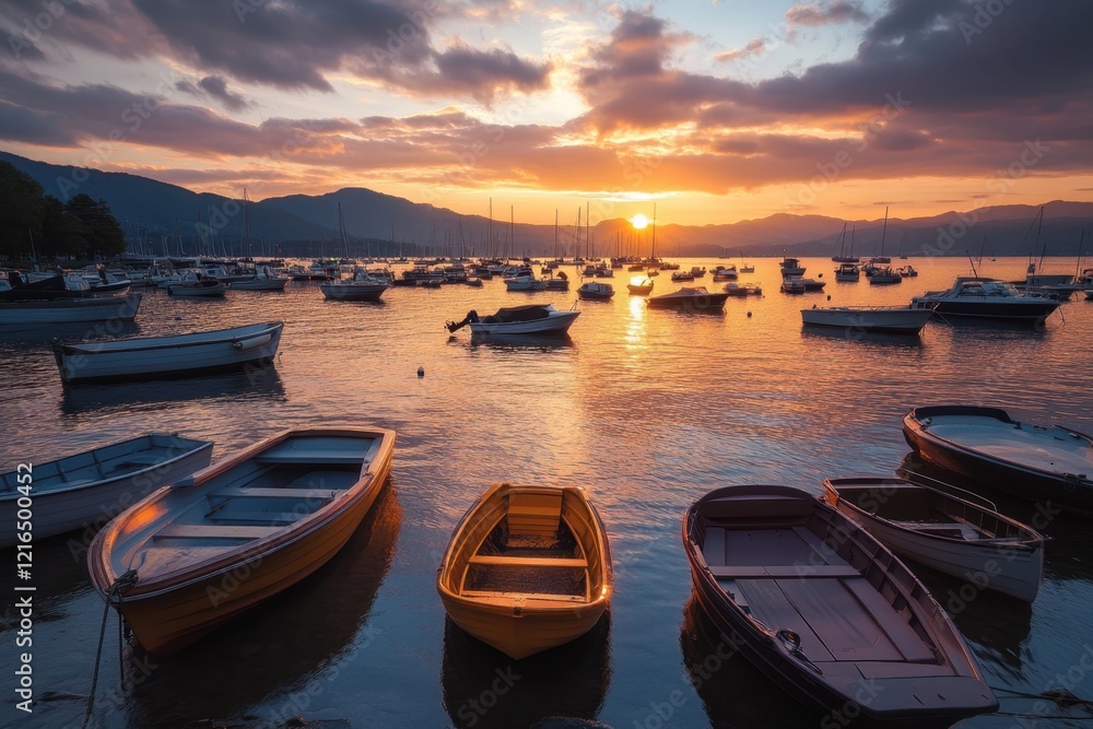 Fototapeta premium serene sunset over a tranquil harbor filled with boats