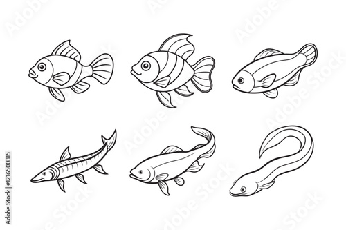 Almost extinct fish bundle with silhouette outline including red hand fish, catfish and eel. 