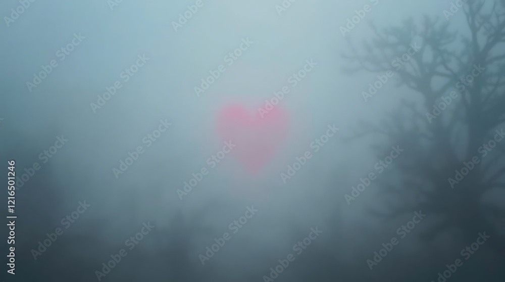 Foggy landscape, pink glowing orb, mysterious atmosphere, bare trees silhouettes, ethereal light, hazy forest, dreamlike scene, soft focus, muted colors, otherworldly, surreal, misty environment, subt