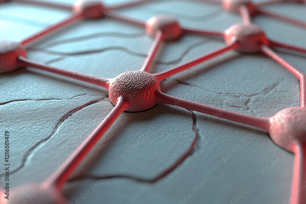 A network and connection visual with red and white dots on a plain white background, as illustrated by Stock A network and connection visual with red and white dots on a plain white background, as illustrated by Stock