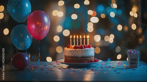 Photography A celebration cake with five lit candles sits in the foreground,