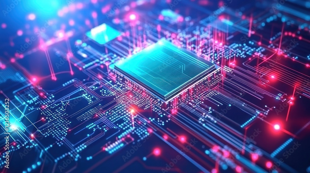 Obraz premium Abstract Digital Microchip Circuit Board: Neon Glow Technology