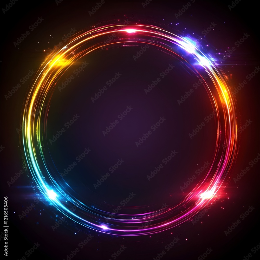 Obraz premium Neon rainbow circle frame on a dark background.