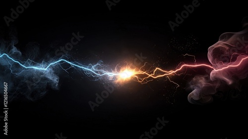 Dynamic electric energy clash abstract art scene digital creation dark background close-up view visual power concept