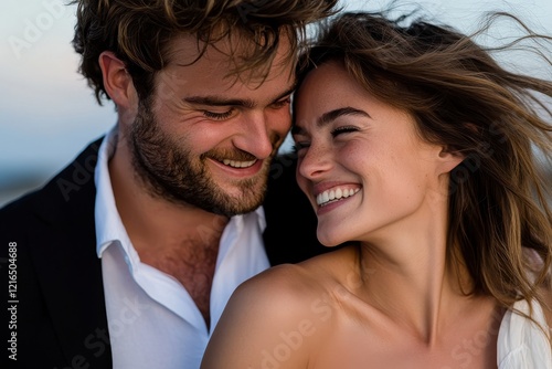 A stylish couple shares a close moment by the beach, with radiant smiles reflecting their joyful connection, creating a stunning visual of love and adventure. photo