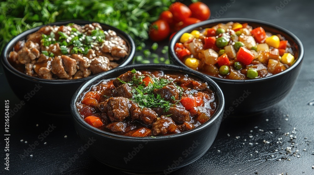 Three bowls of Indian curry dishes with chicken pieces in rich, creamy sauces. Three bowls of Indian curry dishes with chicken pieces in rich, creamy sauces.