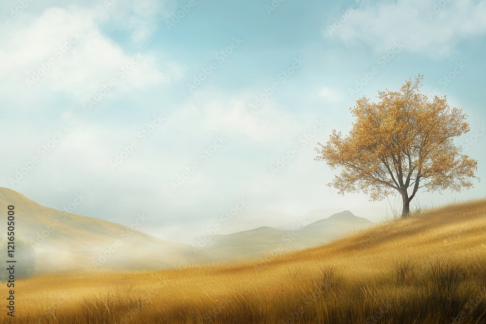 Golden landscape with a solitary tree under a soft sky near distant hills in morning light Golden landscape with a solitary tree under a soft sky near distant hills in morning light