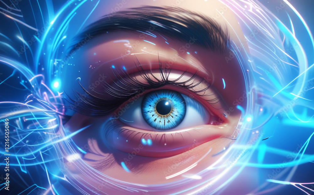 A close-up of the human eye is surrounded by digital graphics and blue light patterns, creating a futuristic and technological feel. Intricate details of the eye aid in identification. AI generated. A close-up of the human eye is surrounded by digital graphics and blue light patterns, creating a futuristic and technological feel. Intricate details of the eye aid in identification. AI generated.