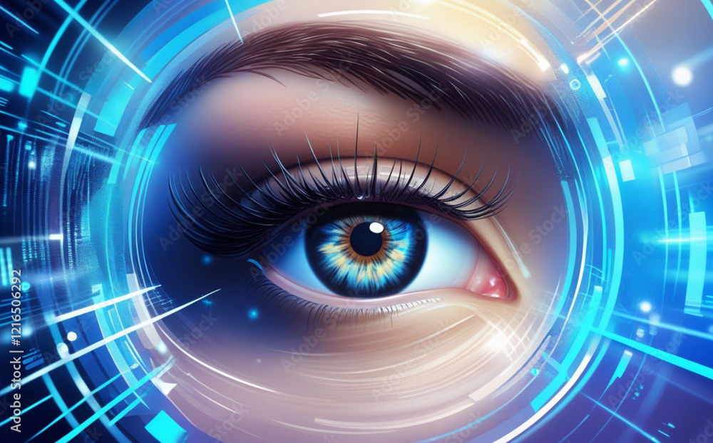 A close-up of the human eye is surrounded by digital graphics and blue light patterns, creating a futuristic and technological feel. Intricate details of the eye aid in identification. AI generated. A close-up of the human eye is surrounded by digital graphics and blue light patterns, creating a futuristic and technological feel. Intricate details of the eye aid in identification. AI generated.
