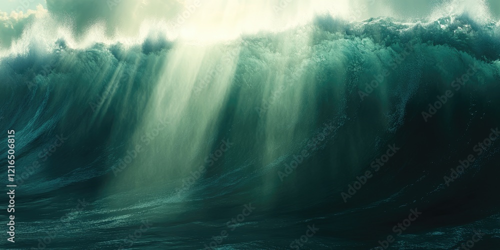 Fototapeta premium Dramatic ocean wave, sunlight, power, nature. Background cloudy sky. Use background