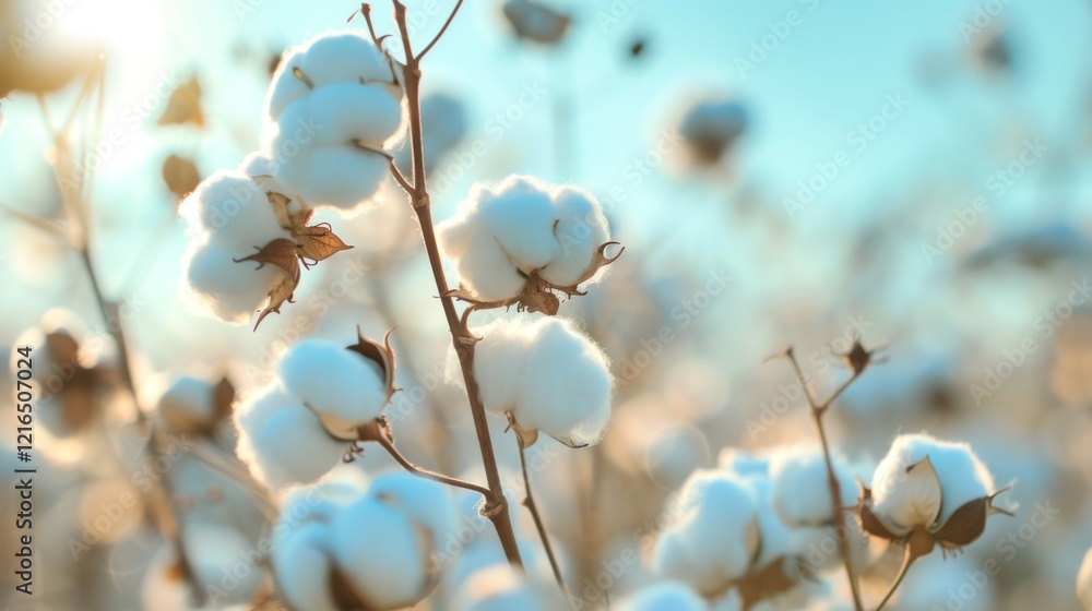 Close-up of fluffy cotton bolls on a plant stem, backlit by soft sunlight, with a blurred cotton field and blue sky in the background Close-up of fluffy cotton bolls on a plant stem, backlit by soft sunlight, with a blurred cotton field and blue sky in the background