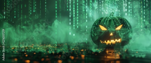 A digital jack-o'-lantern with a mischievous grin illuminated against a backdrop of cascading green binary code and swirling mist, creating a high-tech Halloween vibe photo