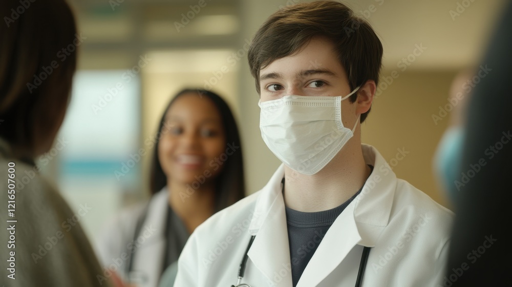 a young doctor wearing a face mask talks with a patient and colleague a young doctor wearing a face mask talks with a patient and colleague