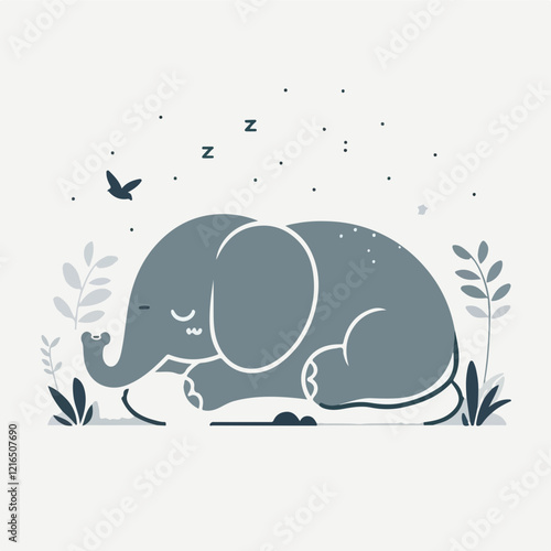 Sleeping Elephant Illustration: A charming illustration of a baby elephant peacefully slumbering amidst stylized foliage, conveying a sense of tranquility and gentle dreams.  