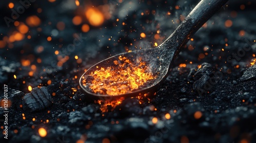 A close-up image of a glowing forge, featuring bright orange embers surrounded by dark, rough coal.