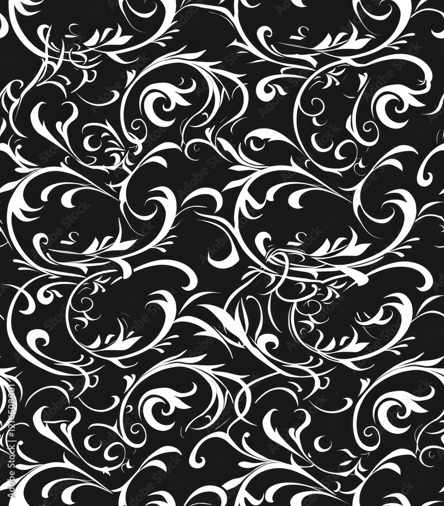 A decorative black and white floral pattern with swirling designs and intricate details. A decorative black and white floral pattern with swirling designs and intricate details.