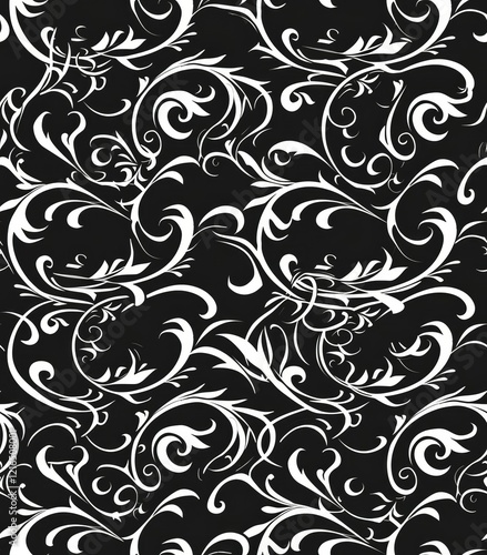 A decorative black and white floral pattern with swirling designs and intricate details.