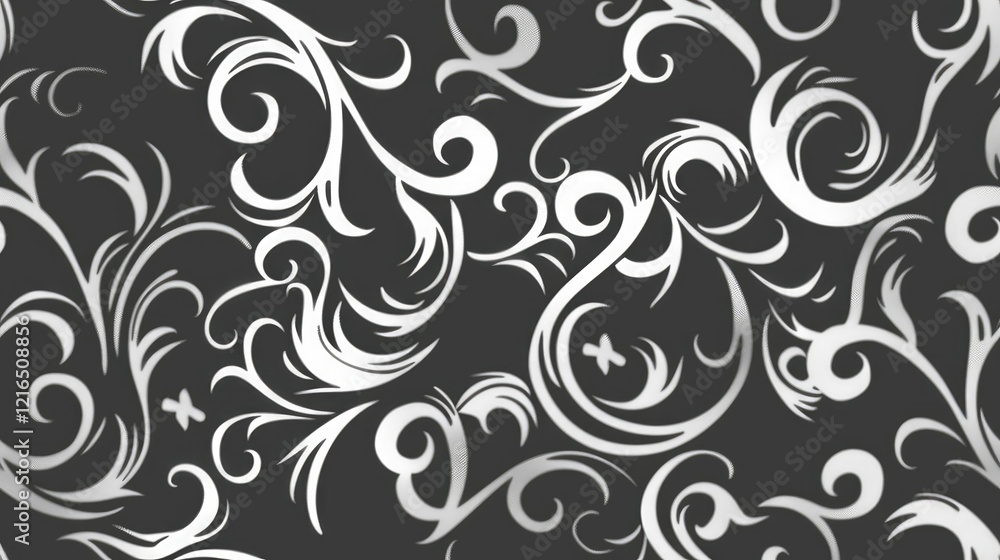 A decorative pattern featuring swirling floral designs in shades of gray and white. A decorative pattern featuring swirling floral designs in shades of gray and white.