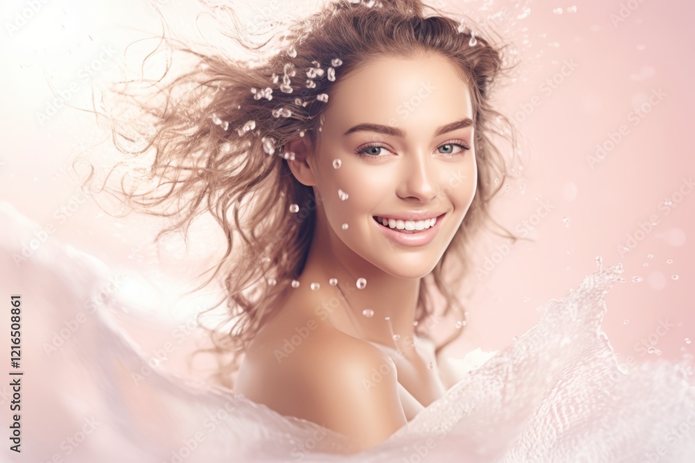 Radiant young woman smiling with glowing skin and flowing wavy hair. Sparkling water droplets and a soft pink background create a fresh, joyful vibe Radiant young woman smiling with glowing skin and flowing wavy hair. Sparkling water droplets and a soft pink background create a fresh, joyful vibe