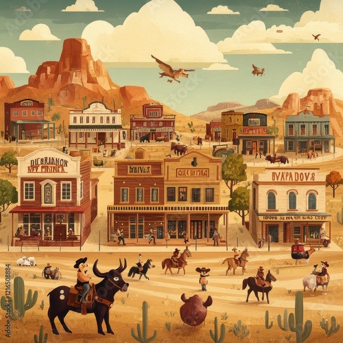 A bustling western town scene with cowboys and buildings