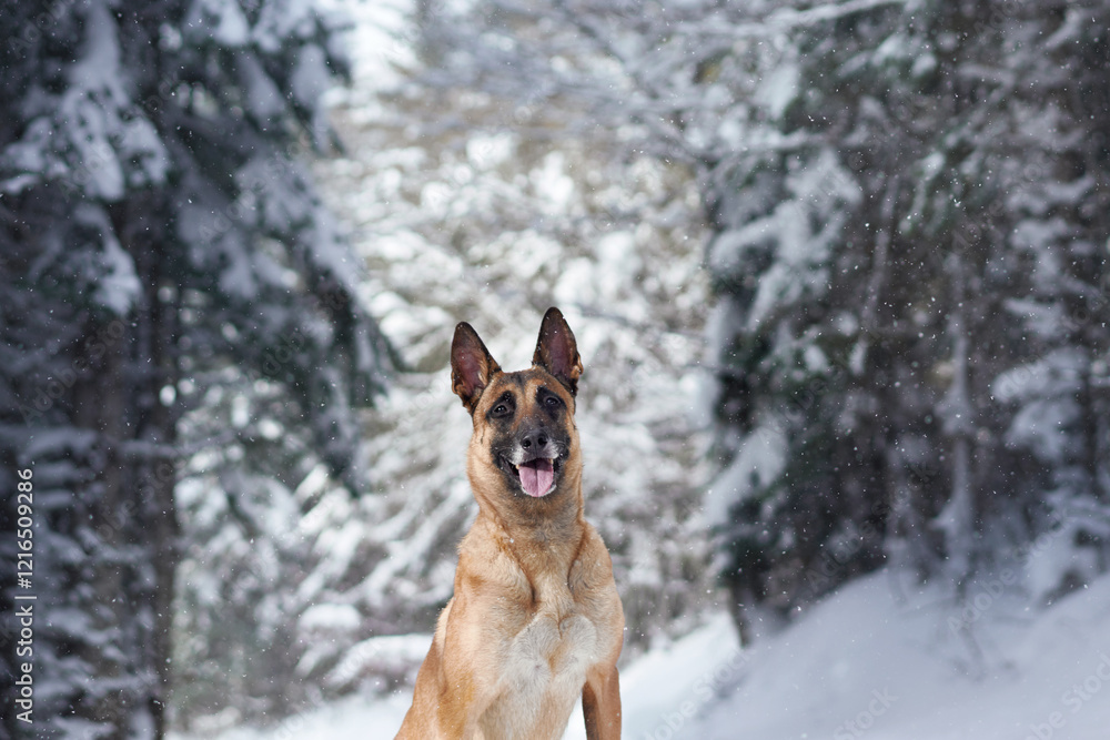 Naklejka premium Close-up of a Belgian Malinois in a snowy forest. The attentive dog stands out against the backdrop of a soft, serene winter scene.