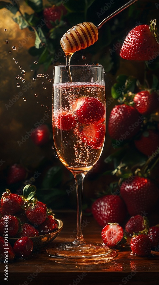 Honey drizzled in sparkling drink with strawberries on table in a dark background Honey drizzled in sparkling drink with strawberries on table in a dark background