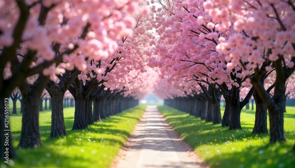 Naklejka premium Blossoming cherry trees line pathway. Pink blossoms fill alley creating serene spring scene. Sunlight bathes grass and pathway in tranquil ambiance. Perfect for springtime or sakura themed photo.