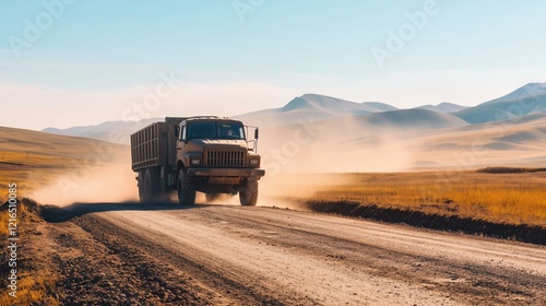 A rugged military truck kicks up dust as it travels along a rural road, surrounded by open countryside with rolling hills and a clear blue sky overhead. photo