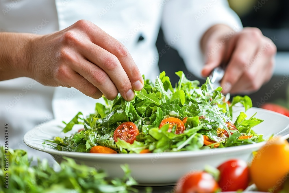 Chef preparing arugula salad kitchen restaurant Chef preparing arugula salad kitchen restaurant