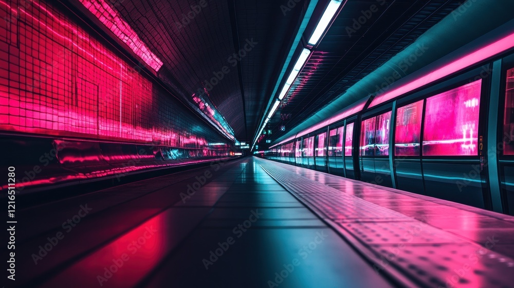 Neon Subway Station: Vibrant Pink and Teal Lights Illuminate a Modern Train Platform Neon Subway Station: Vibrant Pink and Teal Lights Illuminate a Modern Train Platform