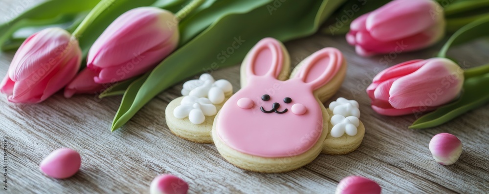 Easter celebration with pink bunny cookie and tulips in a spring setting Easter celebration with pink bunny cookie and tulips in a spring setting