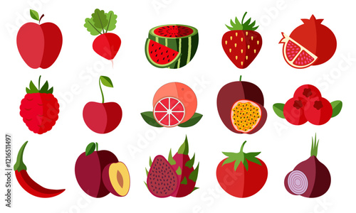 Collection of red fruits and vegetables. Flat vector illustration.