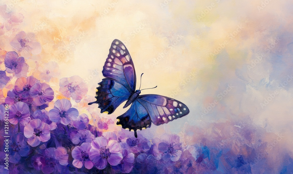 Fototapeta premium Delicate purple violet butterfly perched on a patch of vibrant purple flowers against a soft pastel background, soft, pastel, butterfly