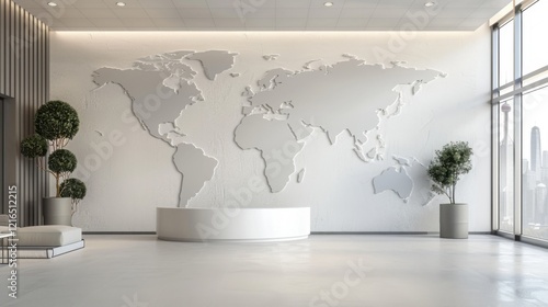 Modern Office Lobby with Embossed World Map Wall Design:  Sophisticated and Globally Inspired Interior