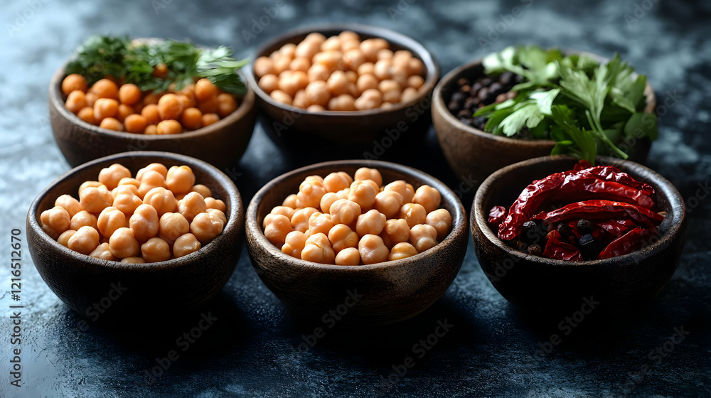 Aromatic Chickpeas and Spices in Rustic Bowls: A Culinary Still Life Aromatic Chickpeas and Spices in Rustic Bowls: A Culinary Still Life
