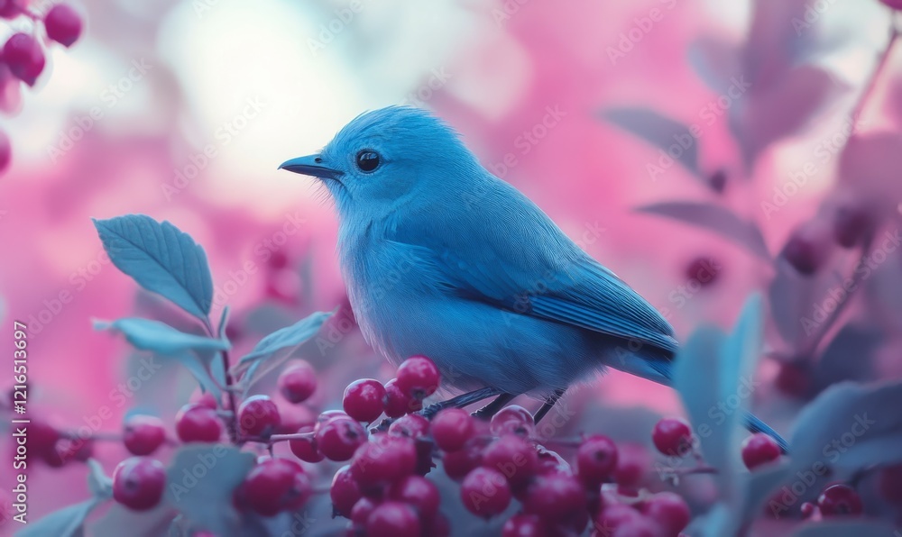 Fototapeta premium Forced perspective photo of a serene bluebird in a berry bush