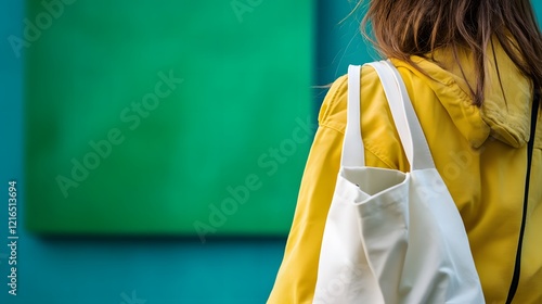 A woman in a dress with a scarf shopping, holding bags and a gift, standing by a chair in a retail store photo