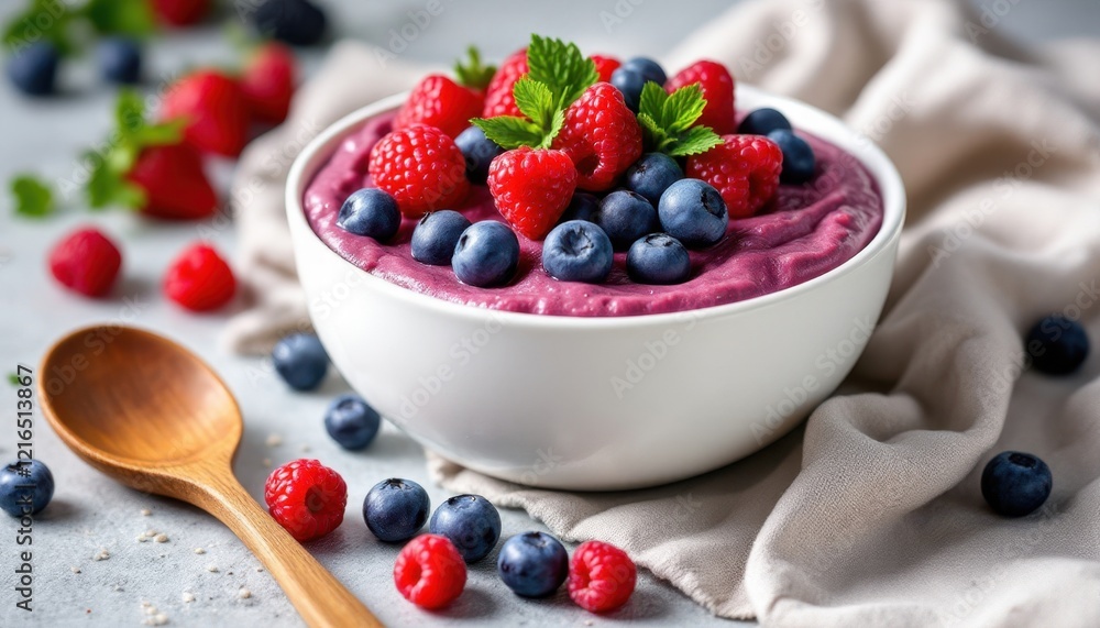 Fresh berry smoothie bowl with raspberries and blueberries on linen table Fresh berry smoothie bowl with raspberries and blueberries on linen table